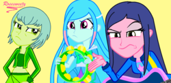 Size: 1174x572 | Tagged: safe, artist:rosesweety, equestria girls, g4, base used, equestria girls-ified, joy lefrog, lily mermaid, lingling ironfan, musical instrument, regal academy, tambourine