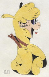 Size: 1966x3078 | Tagged: safe, artist:ogaraorcynder, paprika (tfh), alpaca, them's fightin' herds, bust, cloven hooves, colored pencil drawing, community related, female, heart, looking at you, open mouth, simple background, smiling, solo, traditional art