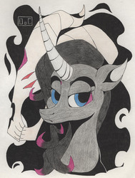 Size: 2294x3038 | Tagged: safe, artist:ogaraorcynder, fhtng th§ ¿nsp§kbl, oleander (tfh), demon, pony, unicorn, them's fightin' herds, bust, community related, female, high res, male, simple background, solo, traditional art, unamused
