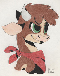 Size: 2358x2950 | Tagged: safe, artist:ogaraorcynder, arizona (tfh), cow, them's fightin' herds, bandana, bust, community related, female, high res, simple background, smiling, solo, traditional art