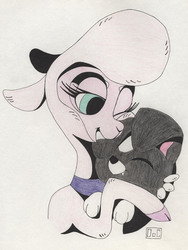 Size: 2350x3118 | Tagged: safe, artist:ogaraorcynder, pom (tfh), dog, lamb, sheep, them's fightin' herds, bust, colored pencil drawing, community related, female, high res, hug, one eye closed, oven hooves, simple background, smiling, traditional art, white background