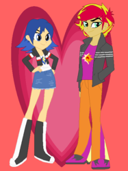 Size: 470x630 | Tagged: safe, artist:jamessentry, flash sentry, sunset shimmer, equestria girls, g4, boots, clothes, denim skirt, duo, equestria guys, female, flare warden, male, miniskirt, rule 63, ship:flareglare, ship:flashimmer, shipping, shoes, skirt, straight, sunset glare