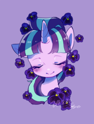 Size: 1300x1720 | Tagged: safe, artist:potetecyu_to, starlight glimmer, pony, unicorn, g4, eyes closed, female, flower, mare, purple background, s5 starlight, simple background, solo