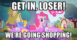 Size: 848x438 | Tagged: safe, pinkie pie, earth pony, pony, g4, car, commercial, exploitable meme, female, get in loser, mare, mean girls, meme, memegenerator, pinkie's car, reference