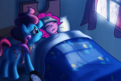Size: 1500x1000 | Tagged: safe, artist:atomic-chinchilla, cup cake, pinkie pie, earth pony, pony, pony pov series, g4, apron, bed, blanket, bucket, cloth, clothes, commission, curtains, female, fever, food, mare, pillow, pregnant, pregnant cup cake, sick, sleeping, water, window, worried