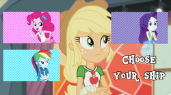 Size: 1024x575 | Tagged: source needed, safe, artist:jamesawilliams1996, edit, edited screencap, screencap, applejack, pinkie pie, rainbow dash, rarity, constructive criticism, equestria girls, g4, my little pony equestria girls: better together, broken hand, choose your ship, geode of shielding, geode of super speed, geode of super strength, implied appledash, implied applepie, implied lesbian, implied rarijack, implied shipping, magical geodes