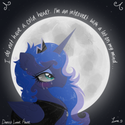 Size: 3500x3500 | Tagged: safe, artist:darkest-lunar-flower, princess luna, alicorn, pony, g4, blushing, cheek fluff, chest fluff, cloak, clothes, crying, ear fluff, female, fluffy, folded wings, high res, jewelry, lidded eyes, looking up, mare, messy mane, moon, night, pendant, sad, smiling, solo, stars, wing fluff, wings