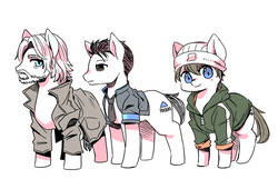 Size: 1280x871 | Tagged: safe, artist:shepherd0821, android, earth pony, pony, ax400, clothes, connor, crossover, detroit: become human, female, hank anderson, hat, jacket, kara (detroit: become human), looking at you, male, mare, ponified, rk800, simple background, stallion, trenchcoat, trio, video game, white background