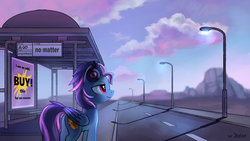 Size: 1920x1080 | Tagged: safe, artist:jedayskayvoker, oc, oc only, oc:lost, pegasus, pony, bus station, commission, headphones, lamppost, road, solo, ych result