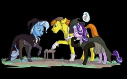 Size: 1280x796 | Tagged: safe, artist:shimazun, starlight glimmer, trixie, oc, earth pony, pony, unicorn, g4, black background, clothes, female, hat, magic, male, mare, middle ages au, pickpocketing, simple background, stallion, stealing, telekinesis, trio, wizard hat