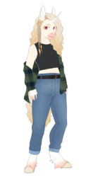 Size: 1471x2781 | Tagged: safe, artist:askbubblelee, oc, oc only, oc:cross stitch, unicorn, anthro, unguligrade anthro, anthro oc, clothes, female, mare, pants, simple background, solo, tank top, transparent background