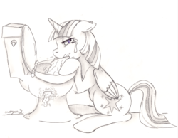 Size: 1654x1282 | Tagged: safe, artist:anonpencil, twilight sparkle, alicorn, pony, g4, crying, fanfic art, female, fimfiction, gross, lineart, monochrome, pencil drawing, sick, solo, toilet, traditional art, twilight sparkle (alicorn), vomit