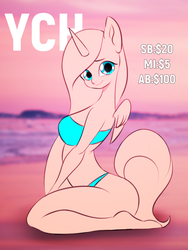 Size: 600x800 | Tagged: safe, artist:yasuokakitsune, anthro, advertisement, beach, clothes, commission, cutie, looking at you, ocean, sand, shy, sitting, solo, sunset, swimsuit, your character here