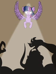 Size: 900x1200 | Tagged: safe, artist:alloco, lord tirek, twilight sparkle, alicorn, pony, g4, female, fight, flying, glowing eyes, good vs evil, mare, silhouette, simple background, twilight sparkle (alicorn)