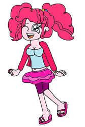 Size: 598x896 | Tagged: safe, artist:logan jones, pinkie pie, equestria girls, g4, alternate clothes, alternate hairstyle, belly button, bracelet, braid, clothes, compression shorts, cute, feet, flip-flops, jacket, jewelry, nail polish, one eye closed, one leg raised, pigtails, sandals, skirt, toenail polish, toes, wink