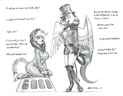 Size: 1400x1094 | Tagged: safe, artist:baron engel, applejack, fluttershy, big cat, lion, anthro, unguligrade anthro, g4, animal costume, applelion, boots, braided tail, breasts, bullwhip, busty applejack, busty fluttershy, circus, clothes, conversation, cosplay, costume, dialogue, grayscale, hat, monochrome, pencil drawing, realistic horse legs, ring master, shoes, shorts, signature, simple background, skirt, top hat, traditional art, whip, white background
