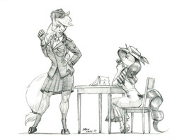 Size: 1410x1116 | Tagged: safe, artist:baron engel, applejack, rarity, anthro, unguligrade anthro, g4, army, clothes, commission, looking at each other, monochrome, pencil drawing, simple background, story included, table, traditional art, uniform, white background