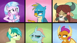 Size: 1280x720 | Tagged: safe, screencap, gallus, ocellus, sandbar, silverstream, smolder, yona, changedling, changeling, classical hippogriff, dragon, earth pony, griffon, hippogriff, pony, yak, g4, school daze, bow, cloven hooves, dragoness, female, hair bow, jewelry, male, necklace, student six, teenager