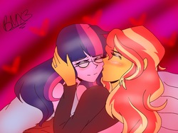 Size: 1024x768 | Tagged: safe, artist:brickercupmasterx3, sci-twi, sunset shimmer, twilight sparkle, equestria girls, g4, alternate clothes, blushing, cheek kiss, contest entry, cute, eyes closed, female, heart, kissing, lesbian, shimmerbetes, ship:sci-twishimmer, ship:sunsetsparkle, shipping, twiabetes