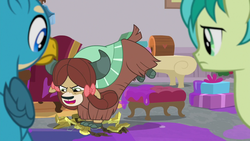 Size: 1280x720 | Tagged: safe, screencap, gallus, sandbar, yona, yak, g4, the hearth's warming club, bow, cloven hooves, destruction, female, hair bow, monkey swings, school of friendship, that yak sure does loves smashing, yak smash