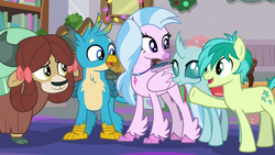 Size: 1280x720 | Tagged: safe, screencap, gallus, ocellus, sandbar, silverstream, yona, changedling, changeling, classical hippogriff, earth pony, griffon, hippogriff, pony, yak, g4, the hearth's warming club, bow, cloven hooves, hair bow, jewelry, male, monkey swings, necklace, teenager
