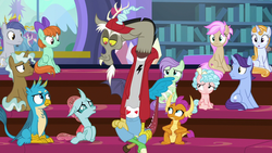 Size: 1280x720 | Tagged: safe, screencap, clever musings, cozy glow, discord, gallus, november rain, ocellus, peppermint goldylinks, slate sentiments, smolder, strawberry scoop, summer meadow, violet twirl, changedling, changeling, griffon, pegasus, pony, unicorn, a matter of principals, g4, background pony, female, filly, friendship student, male, school of friendship, stallion