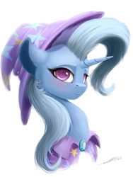 Size: 1950x2600 | Tagged: safe, artist:skitsroom, trixie, pony, unicorn, g4, bust, cape, clothes, female, hat, mare, simple background, solo, trixie's cape, trixie's hat, white background