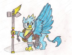 Size: 1571x1203 | Tagged: safe, artist:infinita est lux solis, gallus, griffon, g4, colored pencil drawing, dagger, fighter, loincloth, pathfinder, scale armor, scale mail, shackles, shield, traditional art, war hammer, weapon