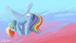 Size: 2876x1628 | Tagged: safe, artist:pucksterv, rainbow dash, pegasus, pony, g4, butt, female, flying, mare, plot, rainbutt dash, solo
