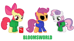Size: 987x541 | Tagged: safe, artist:logan jones, apple bloom, scootaloo, sweetie belle, earth pony, pegasus, pony, unicorn, g4, apple bloom's bow, bow, clothes, cosplay, costume, cutie mark crusaders, drink, edd gould (eddsworld), eddsworld, hair bow, hoodie, matt (eddsworld), missing eyes, overcoat, soda, tom (eddsworld)