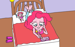 Size: 1135x706 | Tagged: safe, artist:logan jones, pinkie pie, human, equestria girls, g4, barefoot, bed, bedroom, blushing, clothes, crush, diary, feet, female, flip-flops, jeans, lovesick, pants, pencil, plushie, sandals, soles, solo, toes, writing