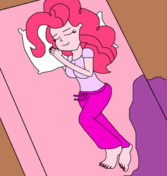 Size: 714x752 | Tagged: safe, artist:logan jones, pinkie pie, equestria girls, g4, barefoot, bed, blanket, clothes, feet, female, nail polish, pajamas, pillow, resting, sleeping, solo, toes