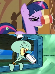 Size: 664x889 | Tagged: safe, screencap, twilight sparkle, g4, party of one, can, can on face, comparison, hat, krab borg, krusty krab, krusty krab hat, male, spongebob squarepants, squidward tentacles