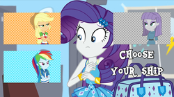 Size: 1024x575 | Tagged: source needed, safe, artist:jamesawilliams1996, edit, edited screencap, screencap, applejack, maud pie, rainbow dash, rarity, best trends forever, equestria girls, g4, my little pony equestria girls: better together, choose your ship, implied lesbian, implied raridash, implied rarijack, implied rarimaud, implied shipping