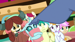 Size: 1280x720 | Tagged: safe, screencap, iron will, ocellus, sandbar, strawberry scoop, summer meadow, yona, earth pony, minotaur, pony, yak, a matter of principals, g4, friendship student, pointing, scared