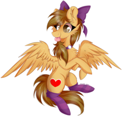 Size: 2105x1997 | Tagged: safe, artist:woonborg, oc, oc only, oc:joycie, pegasus, pony, :p, bow, cheek fluff, chest fluff, clothes, commission, digital art, ear fluff, female, hair bow, happy, high res, looking left, looking offscreen, mare, silly, simple background, socks, solo, spread wings, striped socks, thigh highs, tongue out, transparent background, wings