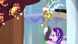 Size: 1920x1080 | Tagged: safe, screencap, discord, starlight glimmer, pony, a matter of principals, g4, and then there's this asshole, dragonsneeze, gesture, tree