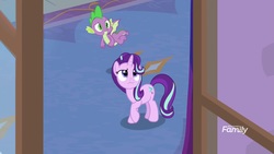 Size: 1920x1080 | Tagged: safe, screencap, spike, starlight glimmer, dragon, pony, a matter of principals, g4, my little pony: friendship is magic, flying, looking up, raised eyebrow, winged spike, wings