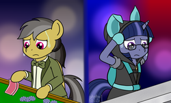 Size: 1500x900 | Tagged: safe, artist:phallen1, daring do, oc, oc:midnight oil (daringverse), g4, alternate clothes, alternate hairstyle, alternate universe, atg 2018, bowtie, bunny ears, casino, clothes, comic, costume, dangerous mission outfit, daringverse, frown, glasses, hoodie, looking down, newbie artist training grounds, playing card, poker, split screen, sweat, texas hold'em