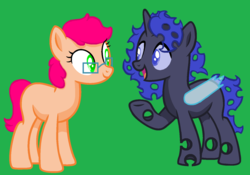 Size: 1490x1043 | Tagged: safe, artist:meimisuki, artist:mlpbasemaker33, artist:summersketch-mlp, oc, oc only, oc:blue beetle, oc:tangerine print, base used, green background, simple background