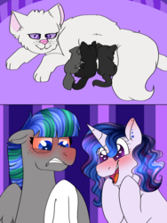 Size: 1537x2048 | Tagged: safe, artist:edgeyboiss, artist:kindheart525, oc, oc only, oc:radiant jewel, oc:storm strike, oc:taaffeite, cat, pegasus, pony, unicorn, kindverse, allergies, blushing, breastfeeding, comic, ear piercing, earring, handkerchief, jewelry, kitten, nonsexual nursing, nose wrinkle, nursing, offspring, parent:blossomforth, parent:fancypants, parent:rarity, parent:thunderlane, parents:blossomlane, parents:raripants, pet oc, piercing, red nosed, reddened eyes, suckling, tissue