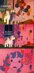 Size: 567x1215 | Tagged: safe, edit, edited screencap, editor:korora, screencap, buttons (g1), surprise, pegasus, pony, unicorn, g1, my little pony 'n friends, somnambula (episode), angry, balloon, balloon popping, bow, censored vulgarity, cropped, dangling participle, female, grammar error, grawlixes, mare, nails, paradise estate, party balloon, popping, reality ensues, surprised, tail bow, text, this will end in lameness, this will end in pain, uh oh