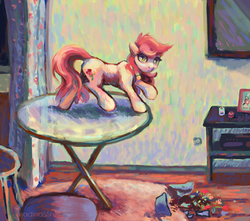 Size: 1780x1571 | Tagged: safe, artist:malinetourmaline, roseluck, earth pony, pony, g4, behaving like a cat, broken vase, candle, caught, collar, commissioner:doom9454, digital art, female, flower, indoors, mare, pet tag, photo, pony pet, room, rose, rosepet, solo, table