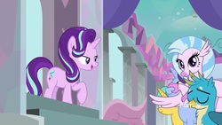 Size: 1920x1080 | Tagged: safe, screencap, citrine spark, gallus, november rain, silverstream, starlight glimmer, classical hippogriff, hippogriff, pony, a matter of principals, g4, friendship student, lidded eyes