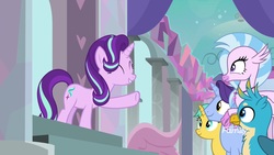 Size: 1920x1080 | Tagged: safe, screencap, citrine spark, gallus, november rain, silverstream, starlight glimmer, classical hippogriff, hippogriff, pony, a matter of principals, g4, friendship student