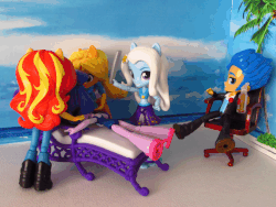 Size: 680x510 | Tagged: safe, artist:whatthehell!?, applejack, flash sentry, sci-twi, sunset shimmer, trixie, twilight sparkle, equestria girls, g4, my little pony equestria girls: better together, animated, beach, boots, chair, clothes, doll, equestria girls minis, eqventures of the minis, family guy, male, punishment, shoes, spanking, swimsuit, toy, tuxedo