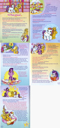 Size: 1061x2272 | Tagged: safe, official comic, butterscotch (g3), kimono, sunny daze (g3), fairy, g3, sparkle world, 3d glasses, bipedal, blushing, book, celebration castle, clumsy, complaints, glasses, hand on hip, imagination, lecturing, librarian, library, magic, notebook, ponies riding ponies, professional, reading, reshelving, riding, story, the magic of books, unimpressed