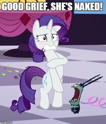 Size: 467x547 | Tagged: source needed, safe, edit, edited screencap, screencap, rarity, pony, unicorn, g4, make new friends but keep discord, season 5, blushing, caption, covering, cropped, crossover, embarrassed, embarrassed nude exposure, female, funny, funny as hell, image macro, imgflip, male, mare, meme, naked rarity, nickelodeon, nudity, plankton, shocked, spongebob squarepants, text, the algae's always greener, we don't normally wear clothes
