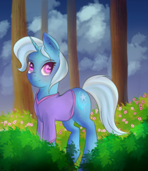Size: 1793x2069 | Tagged: safe, artist:brok-enwings, trixie, pony, g4, clothes, female, flower, morning ponies, scenery, smiling, solo