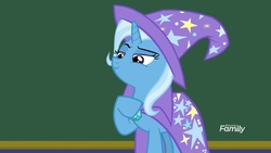 Size: 1920x1080 | Tagged: safe, screencap, trixie, pony, unicorn, a matter of principals, g4, cape, chalkboard, clothes, female, hat, hoof on chest, mare, proud, raised eyebrow, smug, solo
